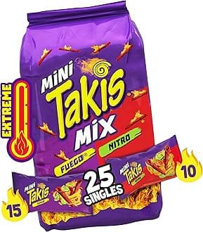Takis Mini 25PK Bite Size Variety Pack, Assorted Flavored Mixed Rolled Tortilla Chips – (15) Fuego Mini (10) Nitro Mini