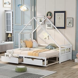 Merax Wooden Daybed Extendable Bed with Trundle Bed and Two Drawers, Wooden House Bed Sofa Bed for Bedroom Living Room, Can be Expanded from Twin Size to King Size, White