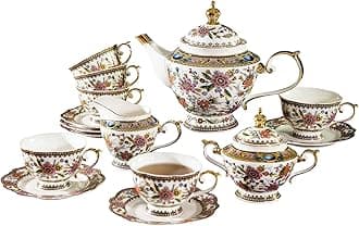 ACMLIFE Tea Set for Adults for 6, Blue and White Tea Set with Cups, Bone China Vintage Floral British English Tea Pot with Cups and Saucers for Women Party, Afternoon Service or Gift Giving (Pink)