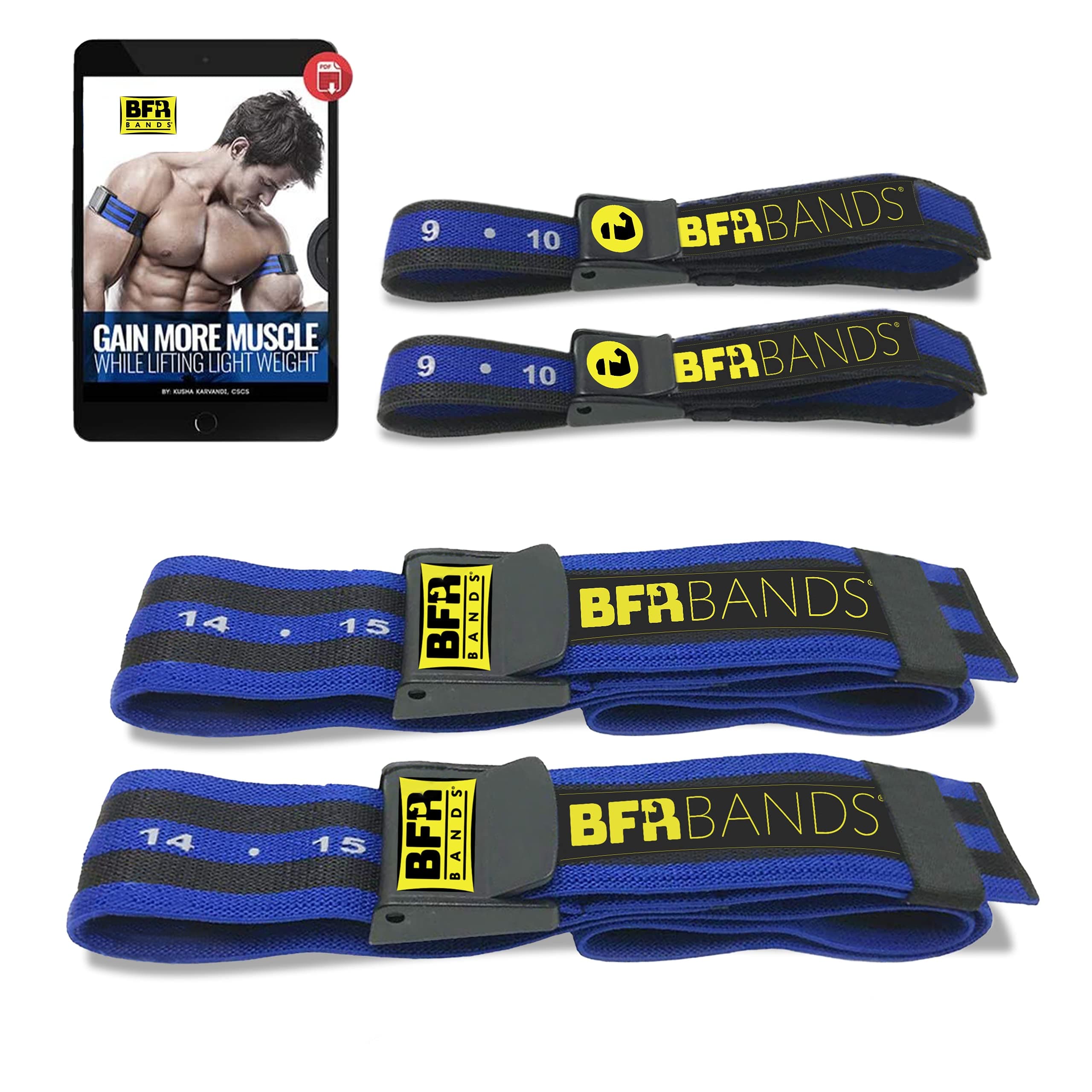 PRO 4-Pack Bundle Blood Flow Restriction Bands for Arms and Legs - Occlusion Training Bands Help You Gain Muscle Without Heavy Weight Lifting, Strong Elastic Strap + Quick-Release