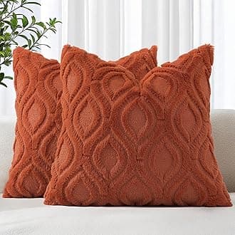 decorUhome Cozy Textured Throw Pillow Covers 18x18 Inch Set of 2, Soft Plush Faux Wool Rust Accent Couch Pillow Covers for Modern Farmhouse Sofa Bed Living Room