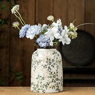 Green Vintage Vase, Chinoiserie Floral Vases, Retro Ice Cracked Ceramic Large Vases for Home Decors, Living Room, Bookshelf, Office, Grand Millennial Decor, Chinoiserie Decors, Tuscan Decor 7.8 Inch