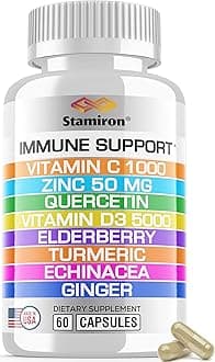8 in 1 Immune Support with Quercetin Zinc 50mg Vitamin C 1000mg Vitamin D3 5000 IU and Elderberry Echinacea Ginger for Adults Kids - VIT D Supplement Veg Capsules
