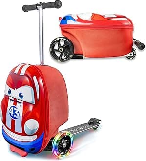 3-D Hardside Scooter Ride On Suitcase for Kids - Cute Lightweight Kids Luggage with Wheels - Fun LED Lights