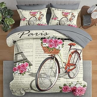 Comforter Set Queen Size, Paris Vintage Bicycle 7 Pcs Bedding for Kids and Adults, Flower Bike Retro Bed Sheet Sets with Fitted Sheet 2 Pillowcases & 2 Shams for Bedroom Bed Decor