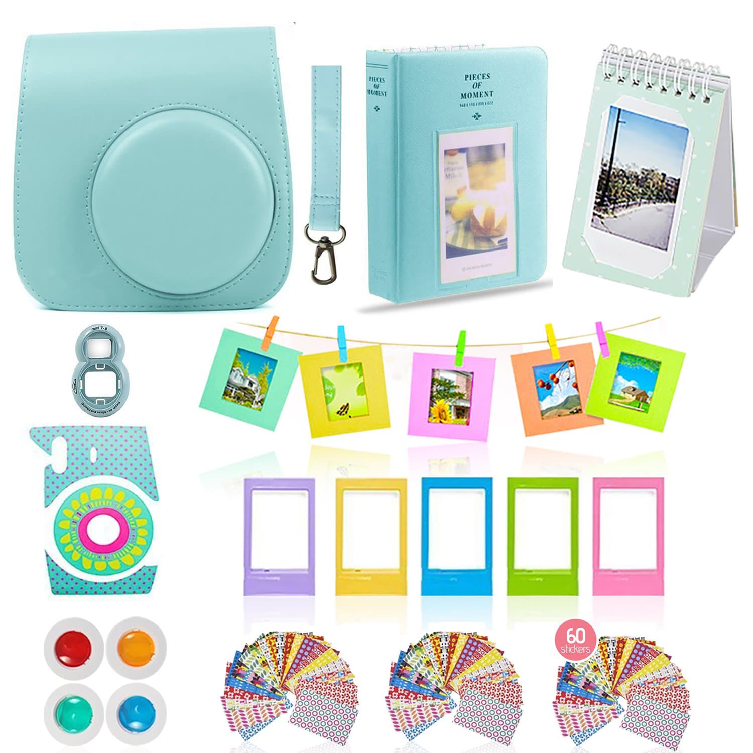 Fujifilm Instax Mini 9 Camera Accessories Bundle, ICE Blue 11 PC Fuji Kit Includes: Mini Case + Strap, 2 Albums, 4 Color Filters, Selfie Lens, Hanging + Creative Frames, Stickers, Gift Set