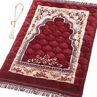 Muslim Prayer Rug with Tasbih Prayer Beads, Soft Large Prayer Matt Islam, Padded Islamic Prayer Mat Thick for Men and Women, Janamaz, Sajadah (31.5" x 47.2", Red)