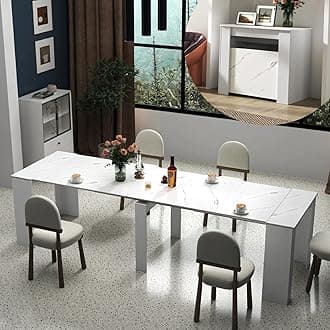 WERSMT 20"-118" Large Wooden Extendable Dining Table for 6-12 People, Hideaway Murphy Dining Table, White Marble