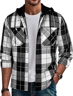 PJ PAUL JONES Mens Hooded Flannel Shirt Long Sleeve Plaid Shirts Hoodie Jackets