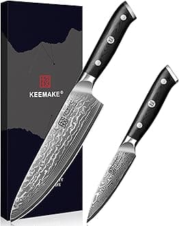 KEEMAKE Damascus Kitchen Knife Set 2 PCS, Ultra Sharp 67 Layer Damascus Steel Chef Knife and Paring Knife, Knives Set for Kitchen with G10 Non-slip Handle for Meat Vegetable Fruit