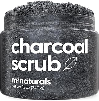 M3 Naturals Activated Charcoal Scrub Infused with Collagen & Stem Cell All Natural Body & Face Skin Care Exfoliating Blackheads Acne Scars Pore Minimizer Reduces Wrinkles Anti Cellulite12 OZ