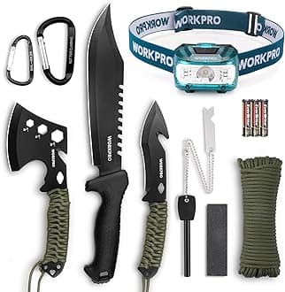 Camping Hatchet & Machete with Sheath, Camping Axe and Fixed Blade Hunting Knives with Paracord Handle, Headlamp, Flint, Camping Tool Set for Outdoor Hunting Survival