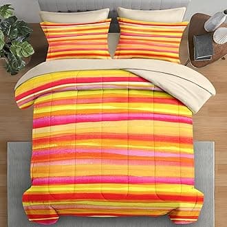 Comforter Set King Size, Orange Red Yellow 7 Pcs Bedding for Kids and Adults, Pink Rainbow Dye Bed Sheet Sets with Fitted Sheet 2 Pillowcases & 2 Shams for Bedroom Bed Decor