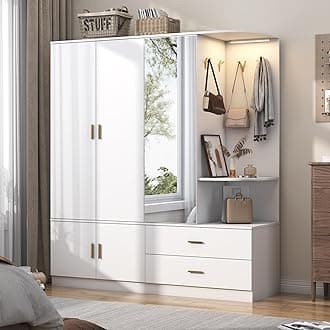 XVD Armoire Wardrobe Closet with Mirror & Sensor Light, Bedroom Armoire with 5 Doors & 2 Drawers, Modern Wooden Large Wardrobe Closet with Shelves, 4 Hooks, 2 Hanging Roods, Open Space, White