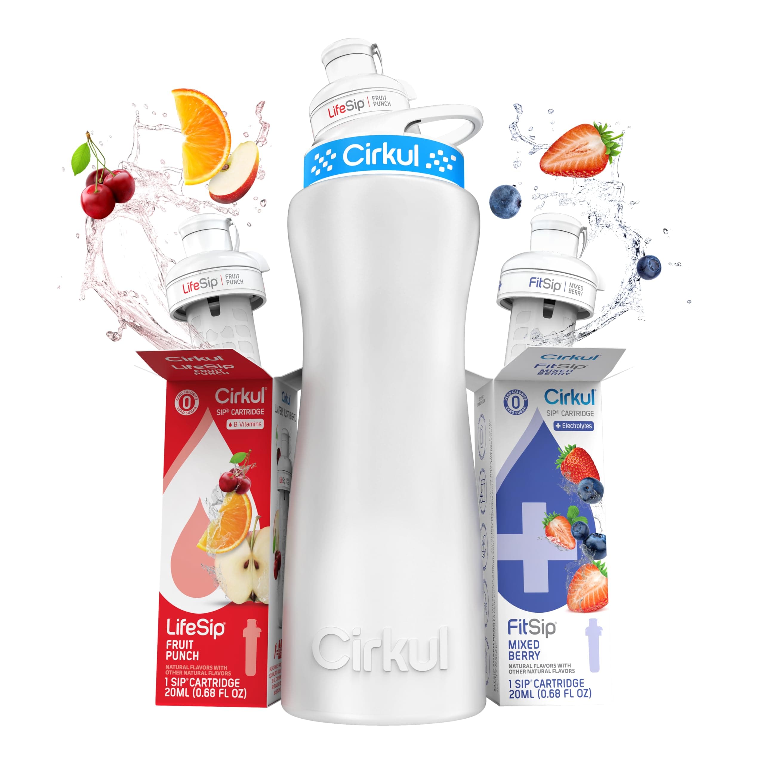 22 oz Plastic Water Bottle Starter Kit with Blue and White Lid and 2 Flavor Cartridges (Fruit Punch & Mixed Berry)