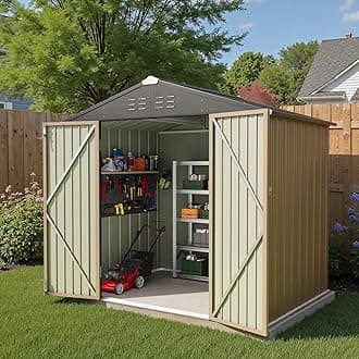 Greesum 8×6 FT Outdoor Storage Shed, Metal Storaged Sheds Without Floor, Tool Sheds with Lockable Doors and Slooping Roof for Garden, Patio, Backyard, Brown