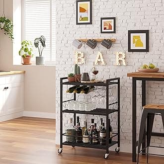 TUTOTAK Bar Cart - Serving Cart for Home - Microwave Cart, Drink Cart, Mobile Kitchen Shelf with Wine Rack and Glass Holder, Rolling Beverage Cart BC01BK030