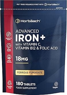 Iron Tablets High Strength 18mg | Energy Tablets with Vitamin C, B12 & Folic Acid | 180 Count | 6 Months Supply & Vegan | Ferrous Fumarate Supplement for Men & Women | by Horbaach