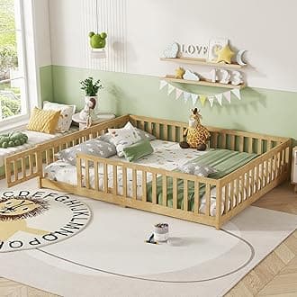 Queen Floor Bed with Safety Guardrails for Kids, Rubber Wood Montessori Bed with Slats and Convertible Door,Queen Size Bed Frame for Girls and Boys,No Box Spring Needed,Natural