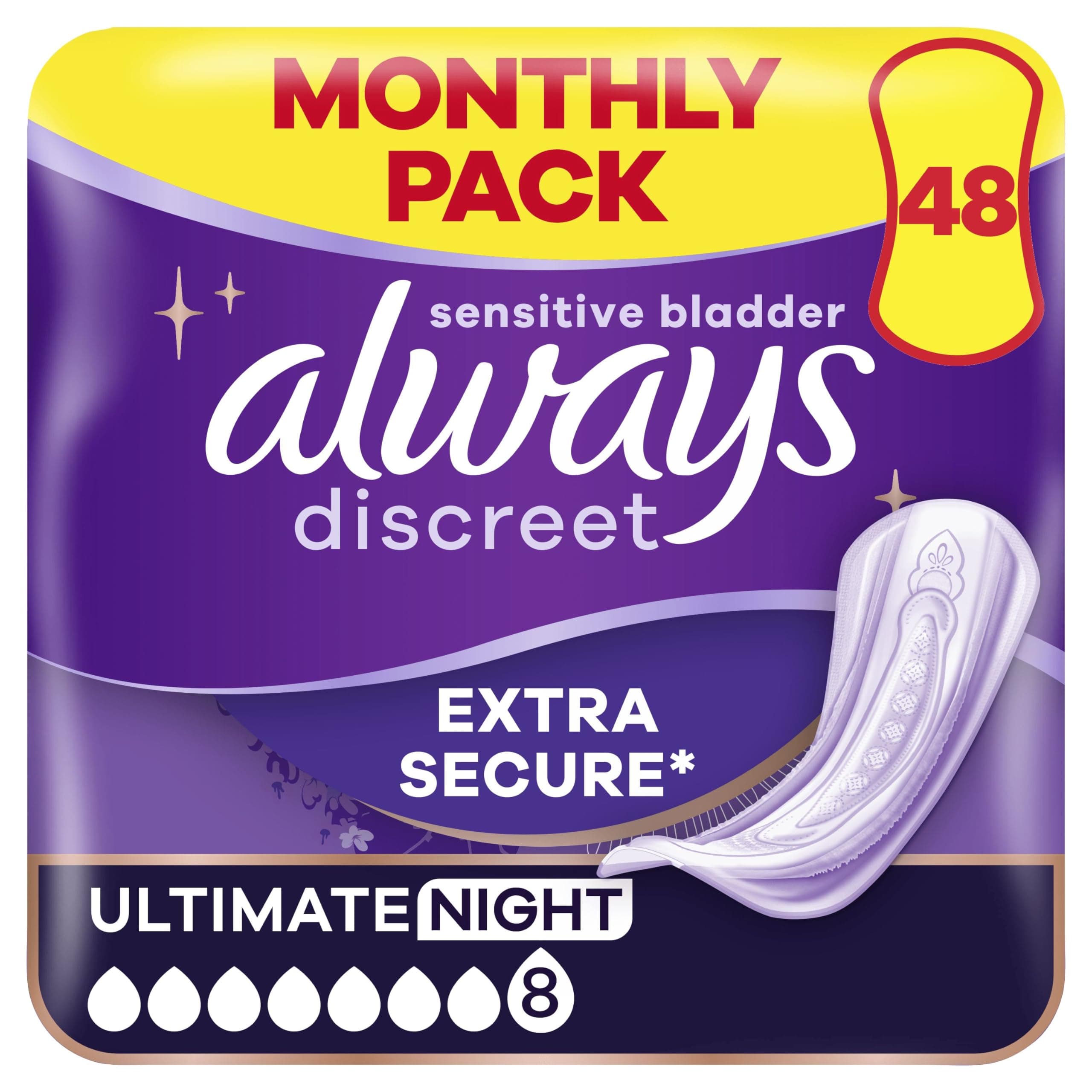 Always Discreet Incontinence Pads Women Ultimate Night 48 Count Extra Secure & Discreet
