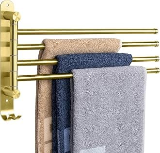 NearMoon Swivel Towel Rack, 13.8" Thicken 304 Stainless Steel 4-Arm Towel Bar, Space Saving Wall Mounted Towel Holder with Hook, Rustproof Swing Out Towel Hanger for Bathroom, Kitchen (Brushed Gold)