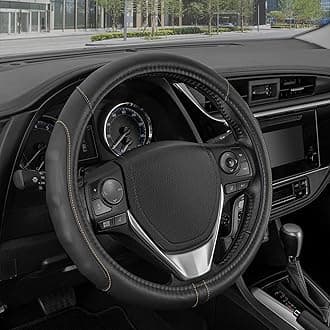 Motor Trend GripDrive Synthetic Leather Auto Car Steering Wheel Cover Black w/Beige Accent Stitching Comfort Grip - Standard 15 inch