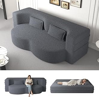 Convertible Sleeper Sofa Bed,15" Thick Full Size Folding Floor Couch with 2 Pillows, Teddy Fabric Foam-Filled Futon Loveseat Couch for Living Room, Guest Use, Office, Apartmen (Grey)