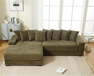 WILLIAMSPACE 111" Sectional Sofa Couch for Living Room, Modern Upholstered L-Shape Sofa 3 Seater Couch with Chaise & Pillows, Contemporary Corner Sofa for Apartment, Corduroy (Left-Facing,Green)