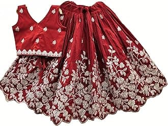 Girls Readymade Crop Top With Lehenga - Taffeta Silk Embroidered Lehenga Choli - Perfect for Ethnic, Party & Wedding - Traditional Dress (MAROON, 3 TO 4 YEARS)