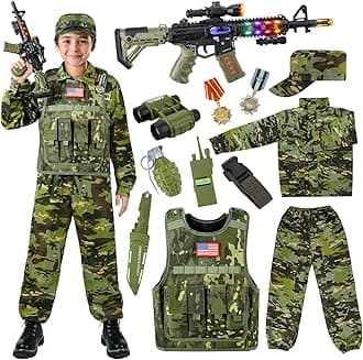 Kids Army Costume for Boys, Military Soldier Costume with Army Toys, Boys Halloween Costume with Vest Solider Boy