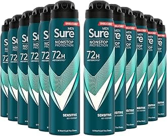 Sure Antiperspirant 72H Nonstop Sweat and Odour Protection Alcohol-Free Body Spray Anti-White Marks with Fresh and Sporty Scent Multi Fragrance Deodorant for Men, 250ml (Sensitive, Buy 12)