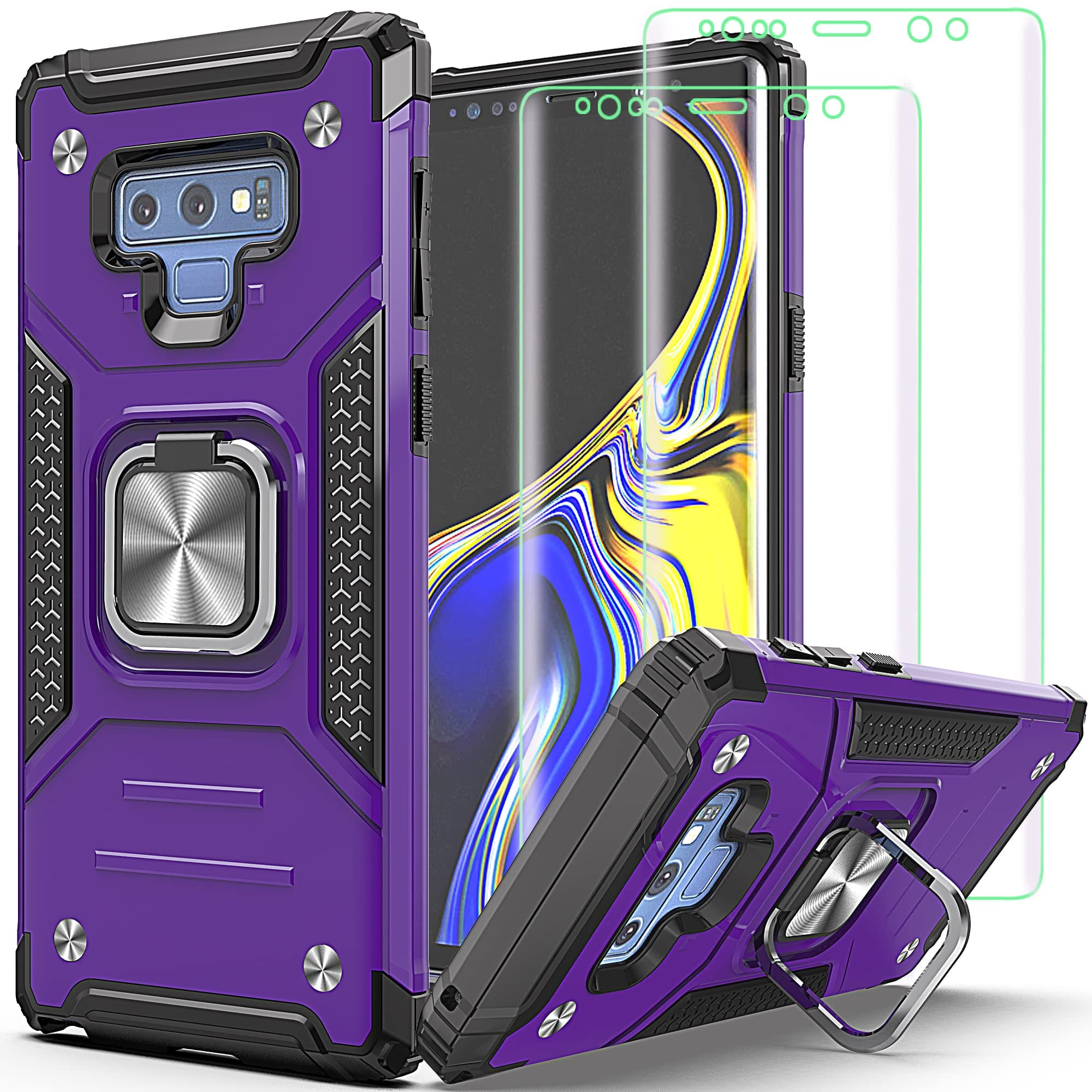 AYMECL Galaxy Note 9 Case with Self Healing TPU Screen Protector [2 Pack], Military Grade Double Shockproof with Kickstand - Purple