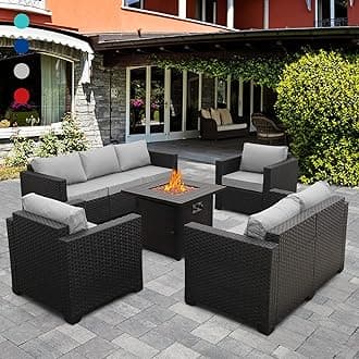 Patio Furniture Sectional Sofa 5-Piece 50000 BTU Propane Gas Fire Pit Outdoor Wicker Furniture Set Square Steel Pit Table Grille Tabletop with No-Slip Cushions Furniture Covers, Light Grey