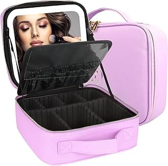 MOMIRA Makeup Bag with Mirror and Light Travel Makeup Train Case Cosmetic Bag Organizer Portable Artist Storage Bag with Adjustable Dividers Makeup Brushes Storage Organizer Purple
