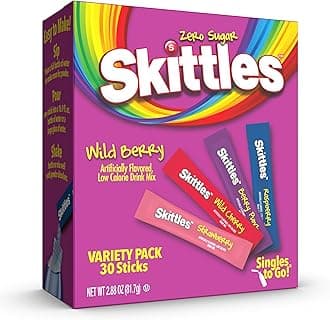 Skittles Singles To Go Wild Berry Variety Pack, Watertok Powdered Drink Mix, Zero Sugar, Low Calorie, Includes 4 Wild Berry Flavors, 1 Box (30 Single Servings)