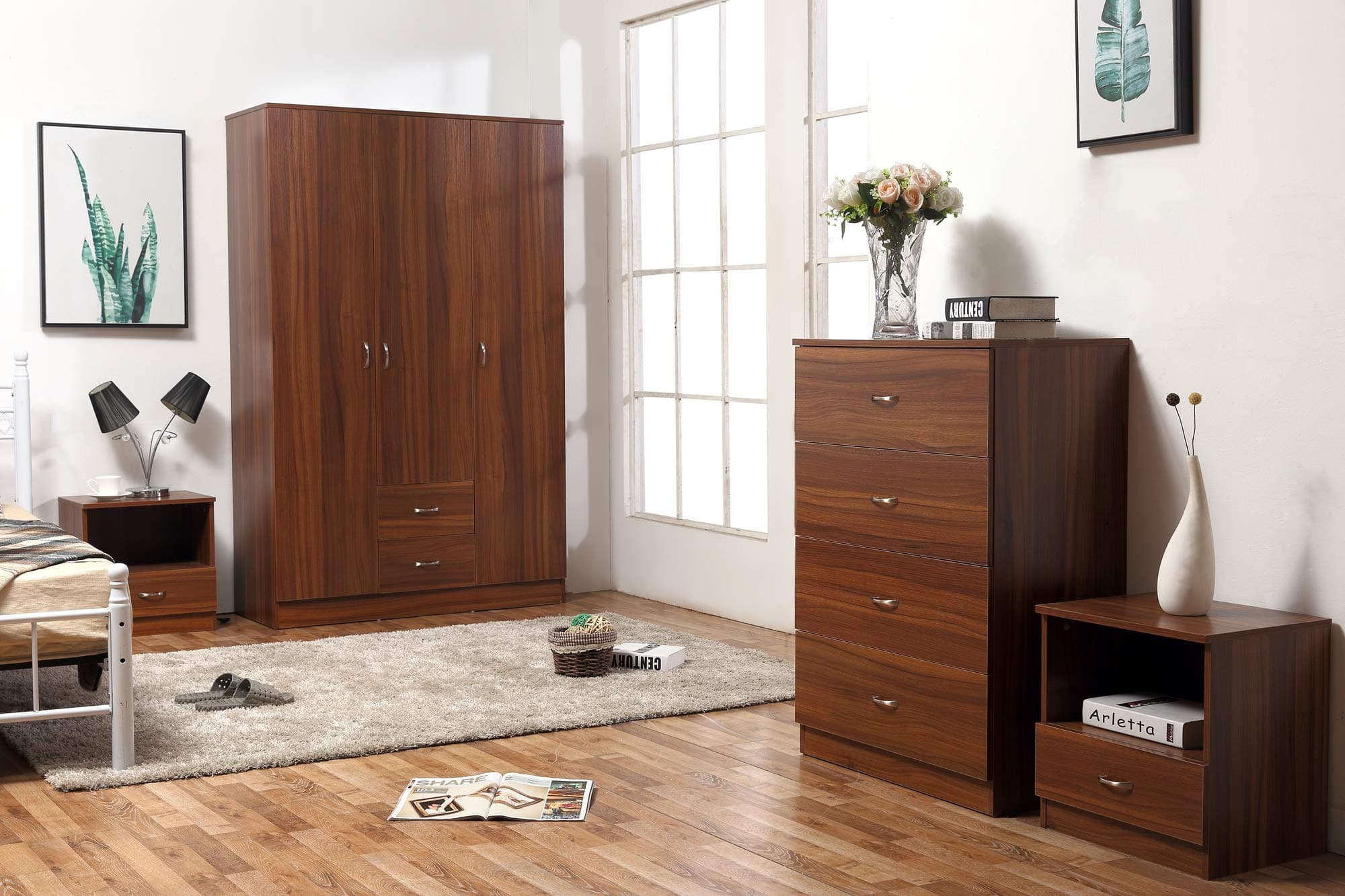 Harmin XL WALNUT 4 Piece Wardrobe Set - Soft Close wardrobe, Chest and 2 Bedside Drawers