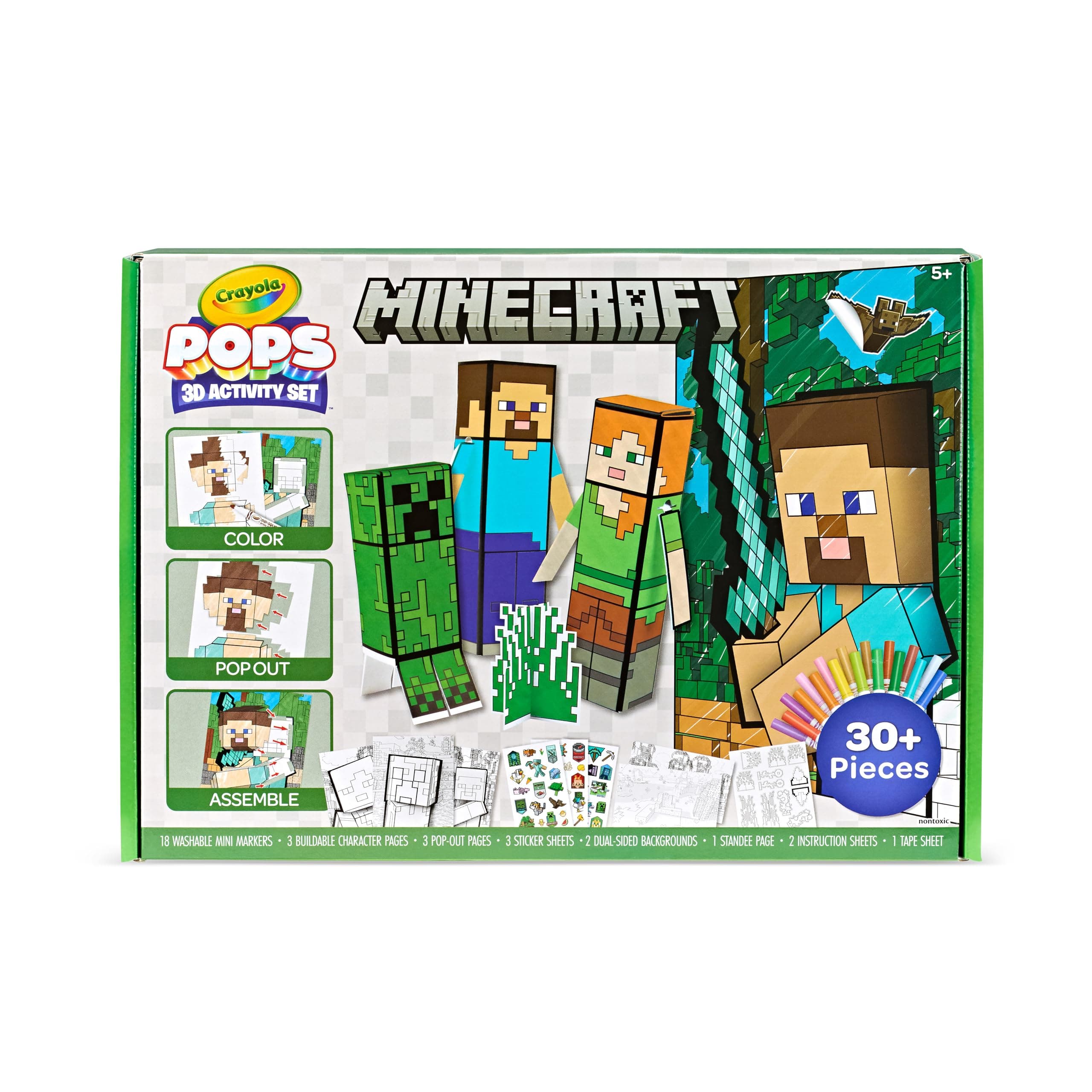 Minecraft POPs 3D Art Kit for Kids, Create 3D Characters, Coloring Activity Set with Markers & Stickers, Minecraft Toys, Gift for Boys & Girls