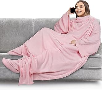 PAVILIA Fleece Blanket with Sleeves, Foot Pockets for Women Men Adults, Plush Wearable Blanket Throw Wrap, Warm Snuggle Blanket Robe, Cozy Gift Ideas Wife Mom, Light Pink