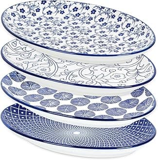 Selamica Serving Platters Ceramic, 12 Inch Serving Dishes for Party Entertaining, Oval Serving Plates for Sandwich, Appetizer, Fruit, Microwave Dishwasher Safe, Set of 4, Vintage Blue
