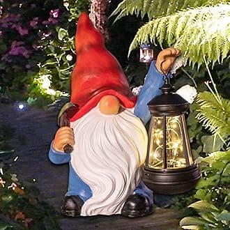 Garden Gnome Statue Solar Light Outdoor Decorations Figurine with Lantern Led Shovel Sculpture Lawn Patio Yard Porch Outside Christmas Housewarming Gifts for Women Mother's Day Grandma