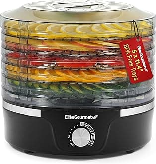 Elite Gourmet Food Dehydrator, 5 BPA-Free Stackable Trays for Jerky Herbs Fruit Veggies Snacks, Black