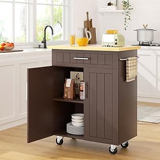 Kitchen Island on Wheels with Storage Cabinet & Drawer, 26" Width Rolling Kitchen Table, Cart Handle for Towel Rack or Free Mobility, Portable Islands for Kitchen, Dining Room(Brown)