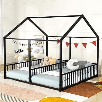 Double Floor Bed for Twins,Twin Size House Bed for 2 Kids,Two Shared Beds,Twin House Platform Beds,Metal Floor Bed Frame with Rails for Girls,Boys(Black)