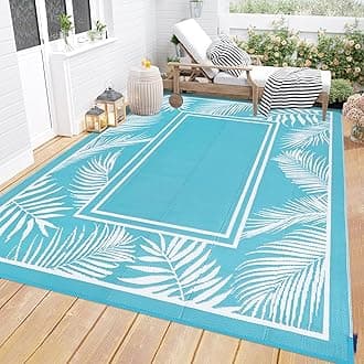 Bsmathom Waterproof Outdoor Rug 9x12ft Large Reversible Boho Plastic Straw Patio Deck Camping Rugs, Indoor Outdoor Portable RV Mat Carpet for Outside, Porch, Balcony, Backyard, Beach, Pool,Teal