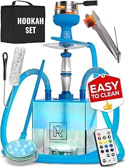 Royal Blue Hookah 2 Hose Hookah Set with Travel Case - YADO Square Shisha To Go - Cube Acrylic Hooka with Big Silicone Bowl for Smoking Coal Tongs Amazing Led Light Remote