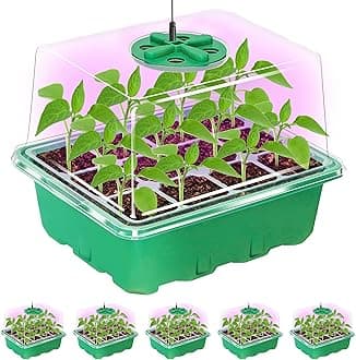 Bonviee 5 Packs Seed Starter Tray with Plant Light, Elevated Seedling Starter Trays Kits with Adjustable Humidity Domes and Clear Cell Tray, 12 Full Spectrum led lamp Beads for Plants Indoor-Green