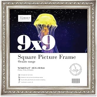Almost Frameless 9x9 Silver Ornate Picture Frame 9"x9" (22.9x22.9cm) Poster, Photo, Artwork, or Print. Elegant Style Portrait and Landscape Display with Wall Hooks