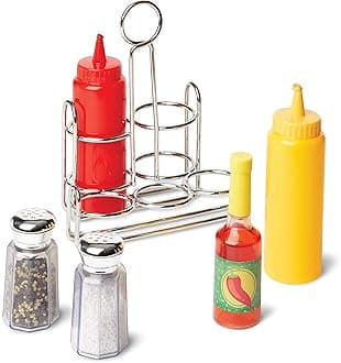 Condiments Set (6 Pieces) - Play Food, Stainless Steel Caddy