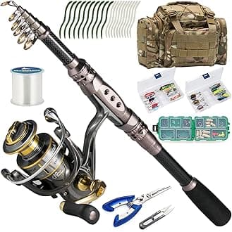 Fishing Rod and Reel Combos, 125 Piece Telescopic Spinstick, Reel, Equipment Set with Bag for Adults, Foldable, Complete Fishing Set for Men, Starter Freshwater Saltwater