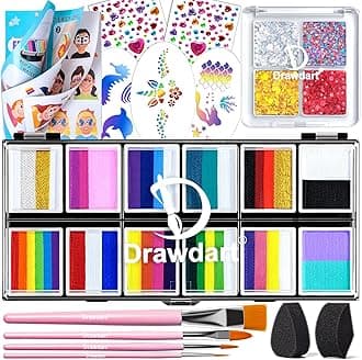 Professional Face Painting Kit for Kids Adults, Rainbow Split Cake Face Paint Palette 12 x 10gm+ 4 Colors Pro Pressed Glitter Eyeshadow Palette, with Brushes Sponges Gems Stencils